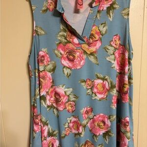 Honeyme Blue Floral Sleeveless V-Neck Tank